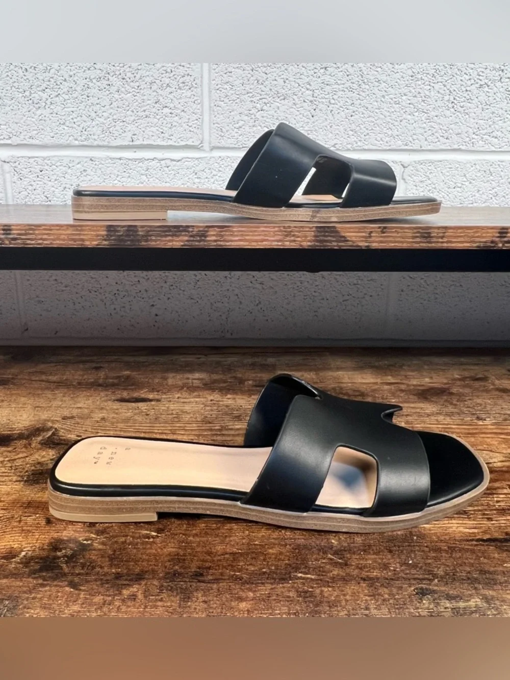 A New Day Sandals Slides Black Faux Leather Slip On Women's 8.5